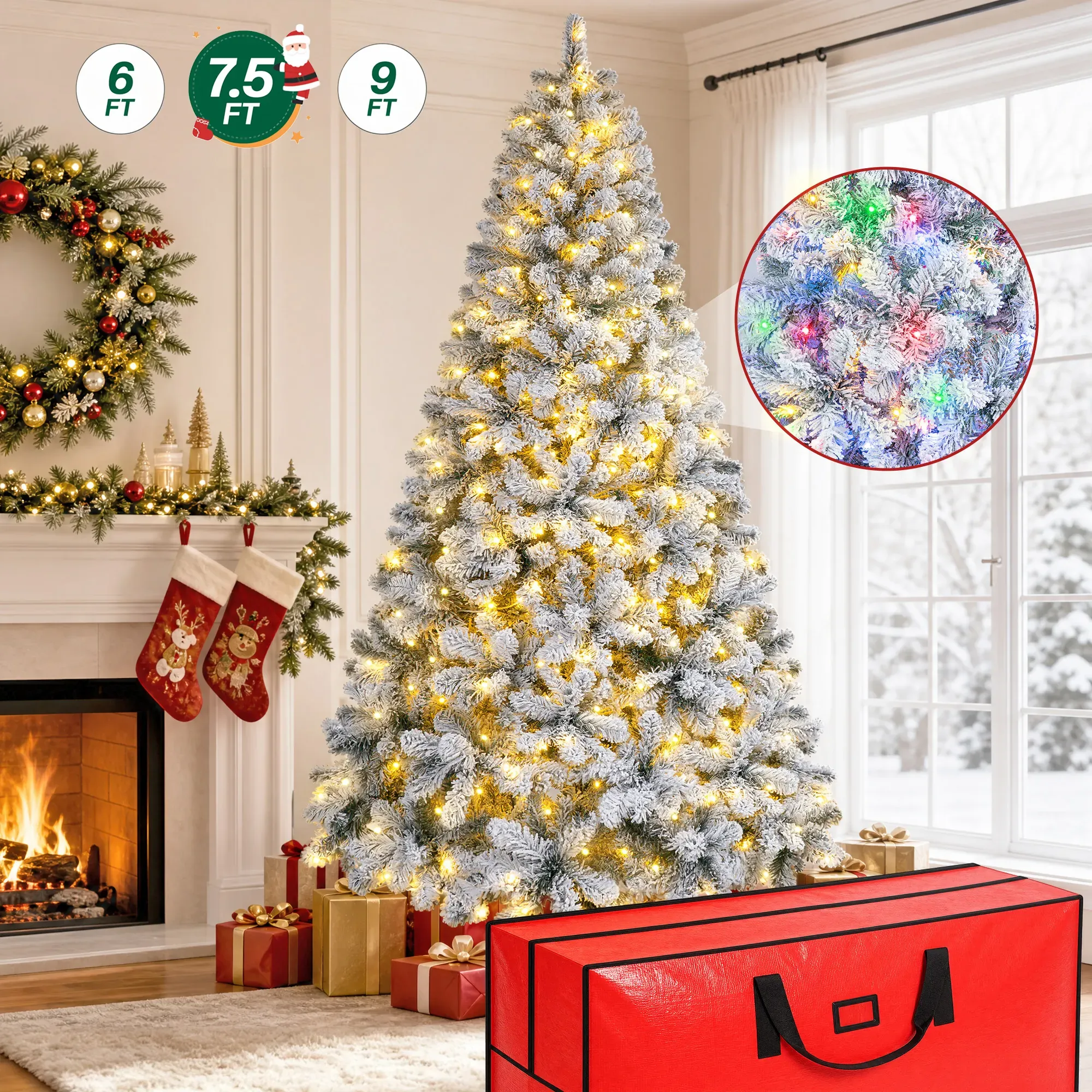 7.5ft Pre-Lit Snow Flocked Christmas Tree with 1400 Tips and 11 Lighting Modes