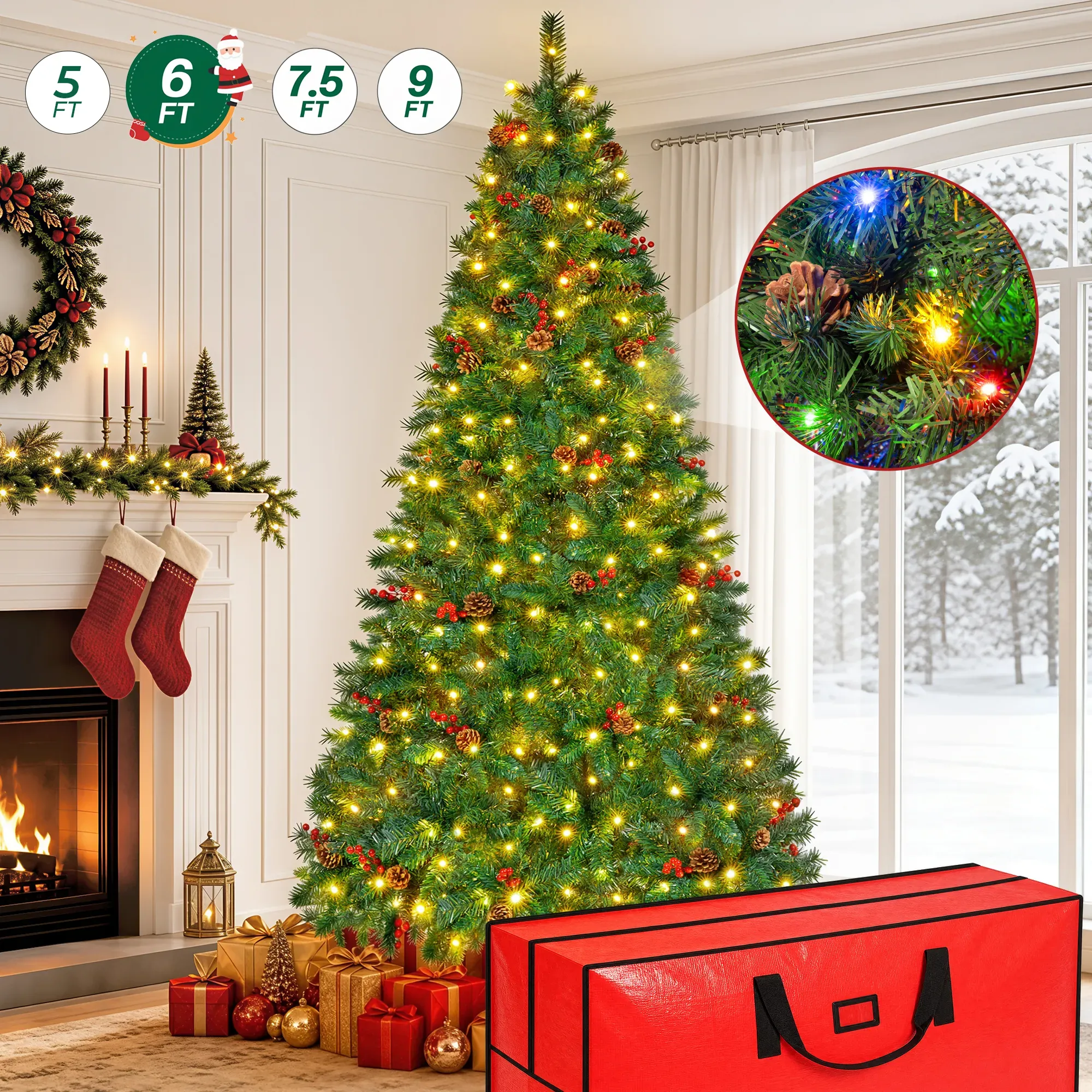 6ft Pre-Lit Christmas Tree with Pine Cones, Red Berries, and 11 Lighting Modes
